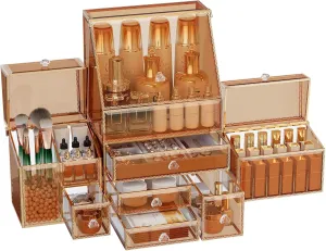 Extra Large Makeup Organizer, Glass Cosmetic Storage with Drawers, Stackable Makeup and Jewelry Organizer for Vanity Table, Bathroom Countertop, Skincare, Lipsticks, Perfume, Brushes