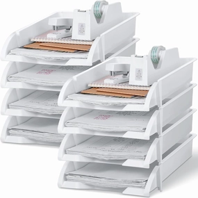 Fainne 8 Pcs Stackable Paper Trays Organizer for Desk 8 Layer Stackable Letter Trays Plastic File Organizer Tray and Stacking Supports for File Storage, 13 x 10 x 2.76'' (White)