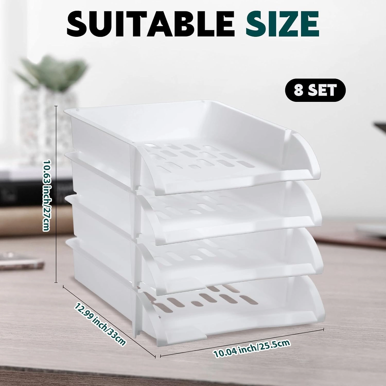 Fainne 8 Pcs Stackable Paper Trays Organizer for Desk 8 Layer Stackable Letter Trays Plastic File Organizer Tray and Stacking Supports for File Storage, 13 x 10 x 2.76'' (White)