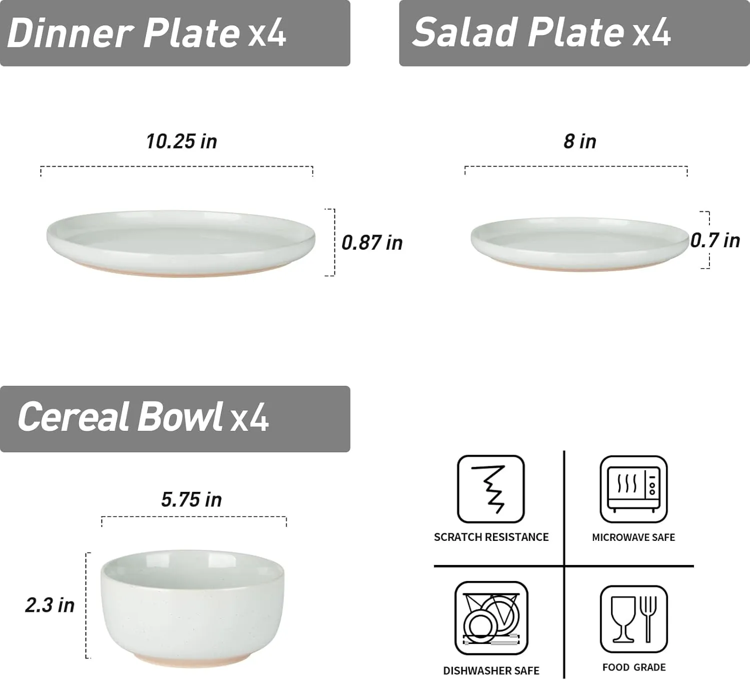 Famiware Milkyway Plates and Bowls Set, 12 Pieces Dinnerware Sets, Dishes Set for 4, Light Gray