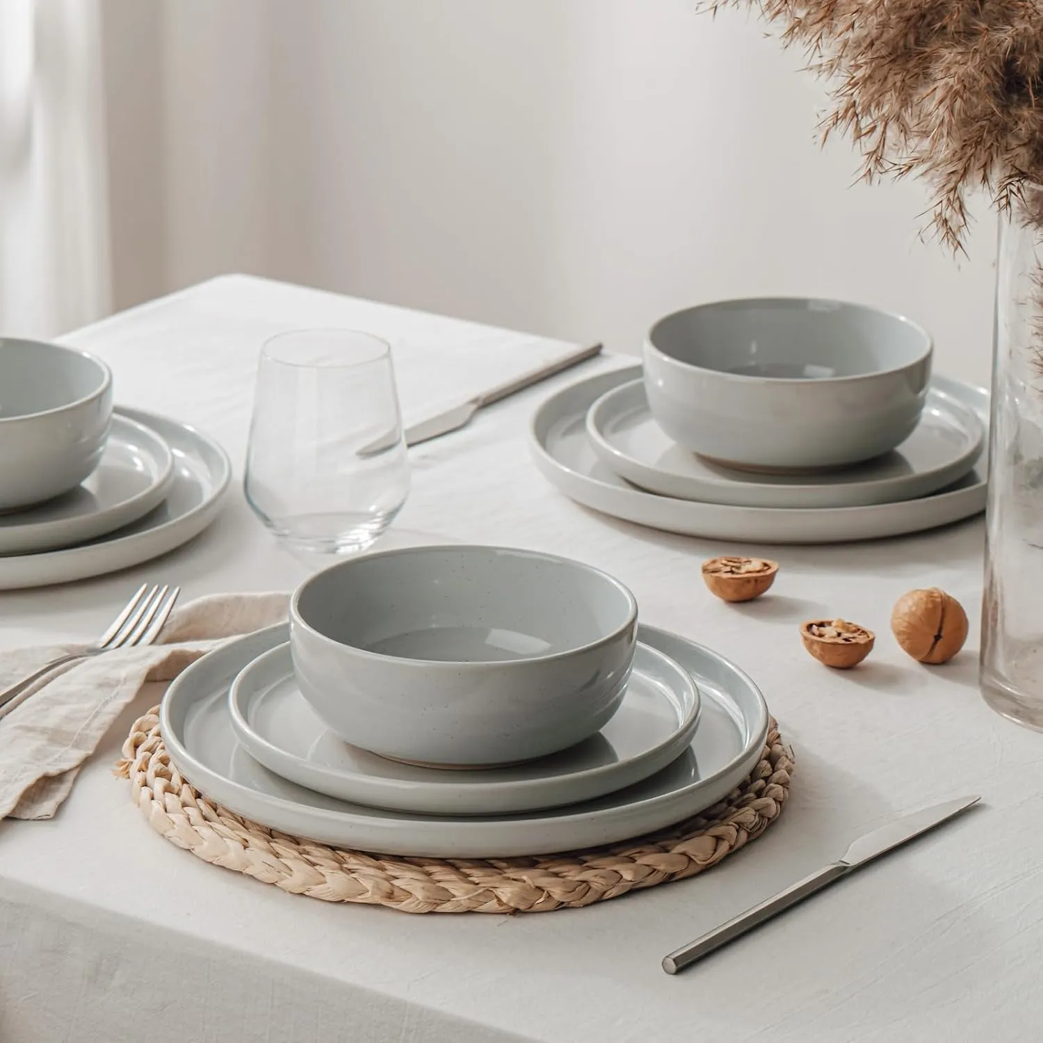 Famiware Milkyway Plates and Bowls Set, 12 Pieces Dinnerware Sets, Dishes Set for 4, Light Gray