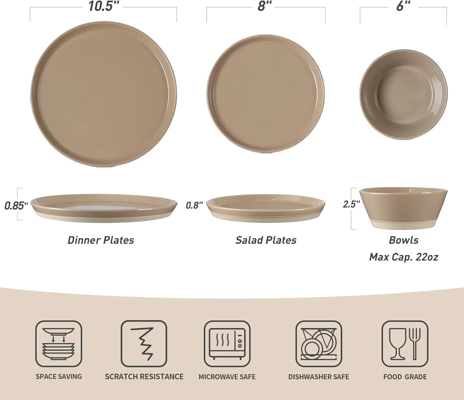 Famiware Saturn Dinnerware Sets, 12 Pieces Dish Set, Plates and Bowls Sets for 4, Cinnamon Brown
