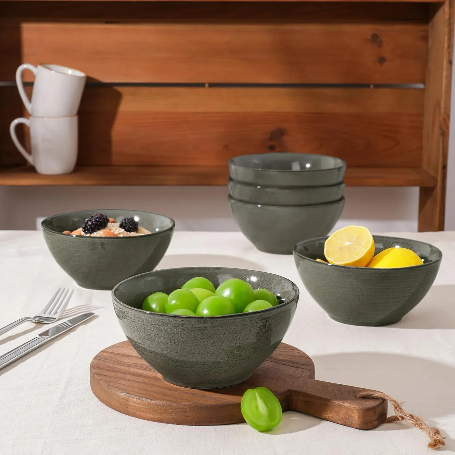 Famiware Tempus Cereal Bowls Set of 6, 20 oz Salad & Soup Bowls - Dishwasher & Microwave Safe - Dark Olive