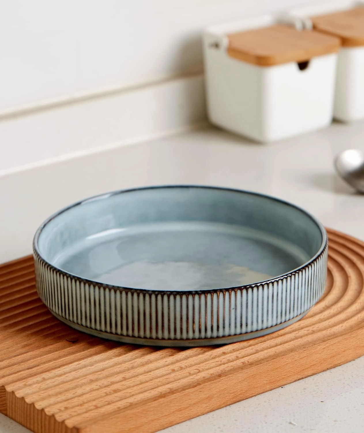 famiware Star 7.5" Pasta Bowls Set, Salad Bowl Set of 4, Double Reactive Glaze, Stackable, Ideal for Your Friend for Housewarming, Festivals, Smoky Blue