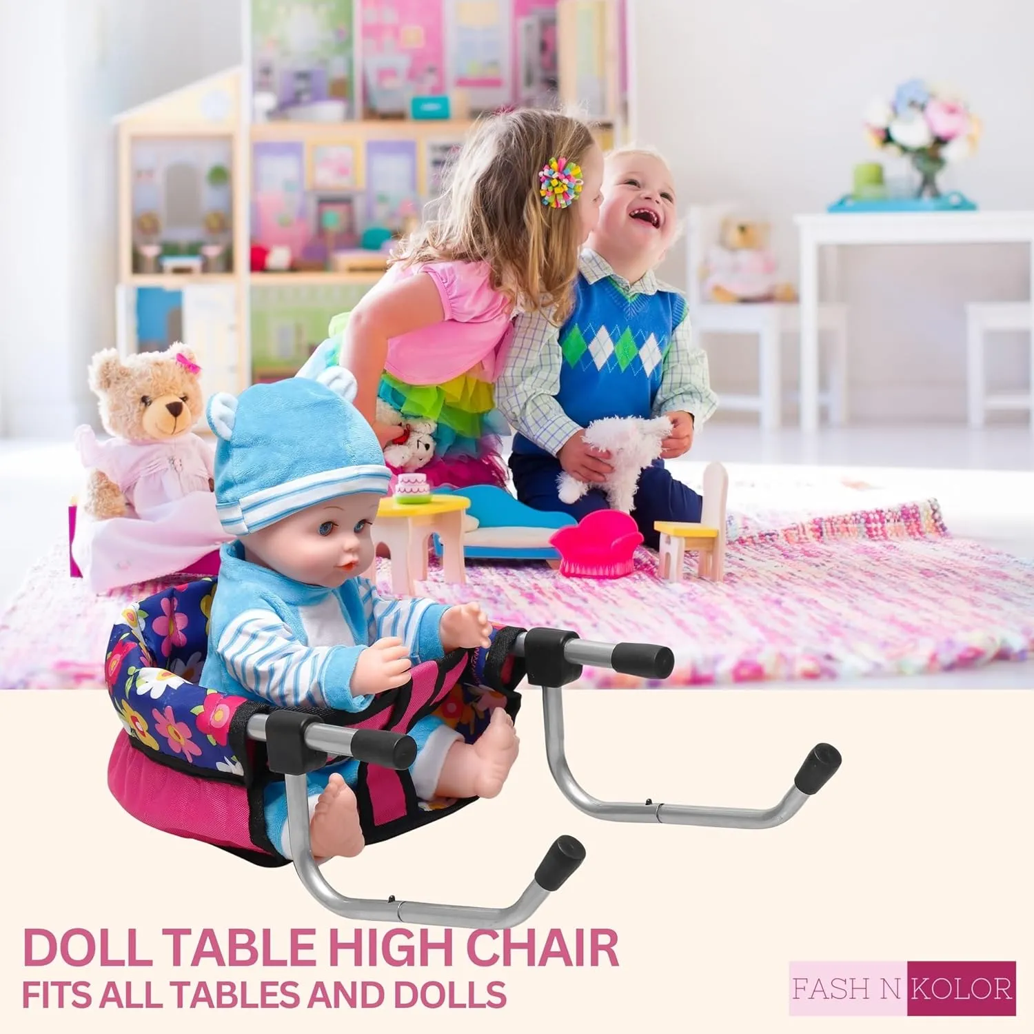 fash n kolor Baby Doll High Chair, Fits up to 20 inch Baby Dolls Flower Print Toddler Furniture Toy High Chair for Dolls (Doll Not Included)