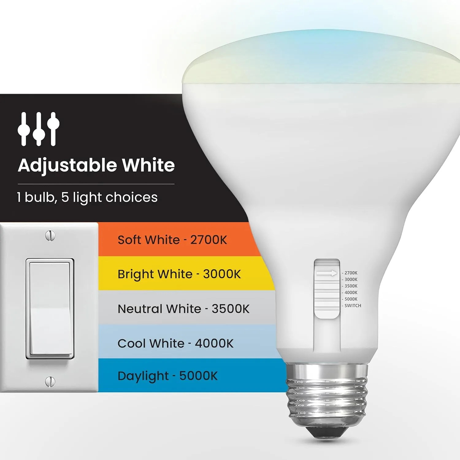 Feit Electric BR30 LED Light Bulb, 65W Equivalent, Dimmable, Color Selectable 6-Way, 5CCT, E26 Medium Base, 90 CRI, 650 Lumens, Recessed Lightbulb, 25,000-Hours, BR3065DM/6WYCA/6, 6 Pack