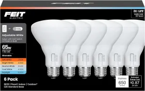 Feit Electric BR30 LED Light Bulb, 65W Equivalent, Dimmable, Color Selectable 6-Way, 5CCT, E26 Medium Base, 90 CRI, 650 Lumens, Recessed Lightbulb, 25,000-Hours, BR3065DM/6WYCA/6, 6 Pack