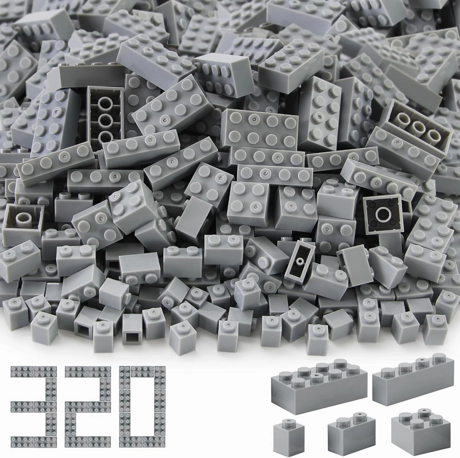 Feleph Building Bricks 1x1 1x2 1x4 2x2 2x4 Bulk 320 Pcs Mixed Sizes Classic Block Accessories Parts and Pieces Creative Toy Set for Boys and Girls Compatible with Major Brands(Light Bluish Gray)