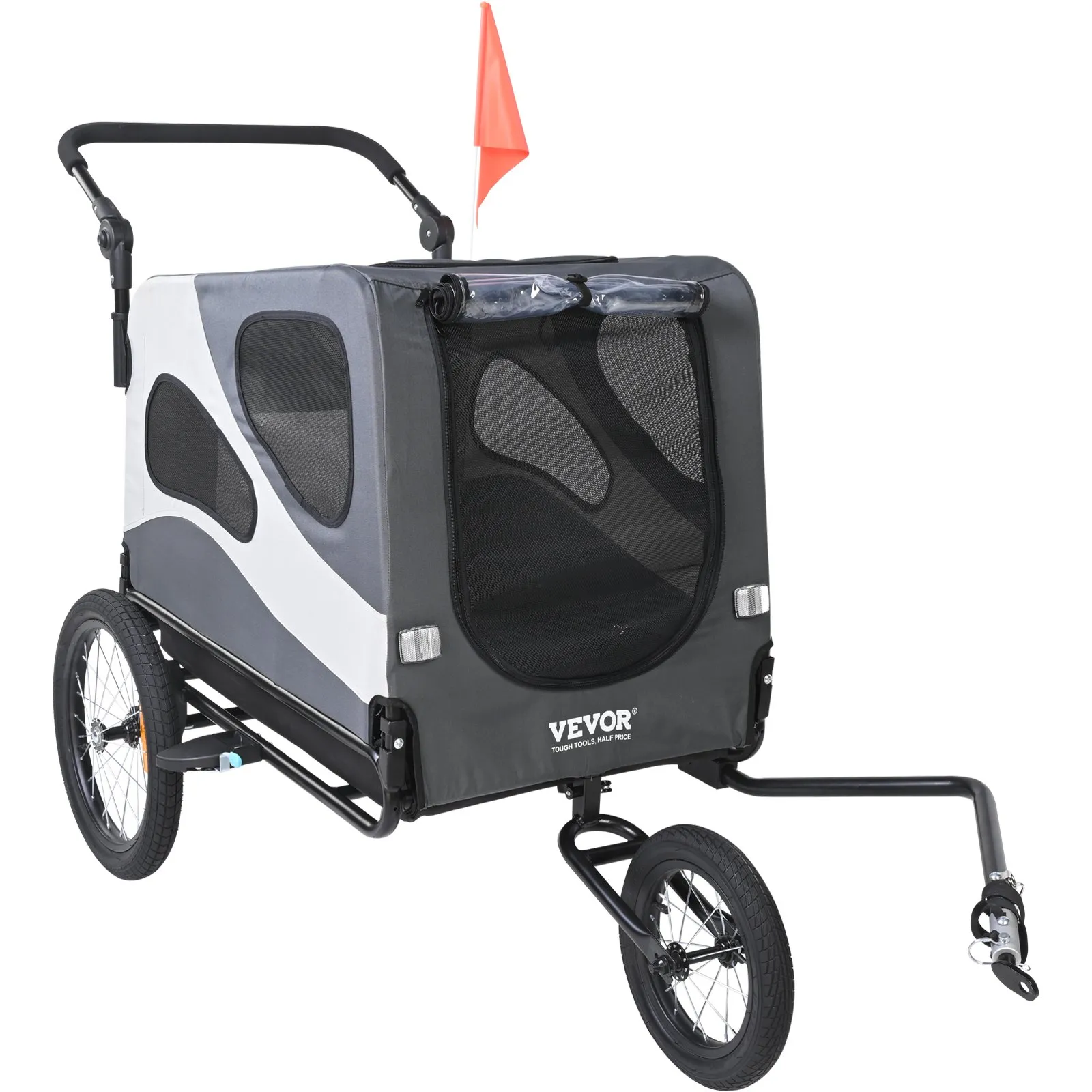 (FINAL PRICES ARE LOWER ON OUR SITE!) VEVOR Dog Bike Trailer, Supports up to 100 lbs, 2-in-1 Pet Stroller Cart Bicycle Carrier, Easy Folding Cart Frame with Quick Release Wheels, Universal Bicycle Coupler, Reflectors, Flag, Black/Gray