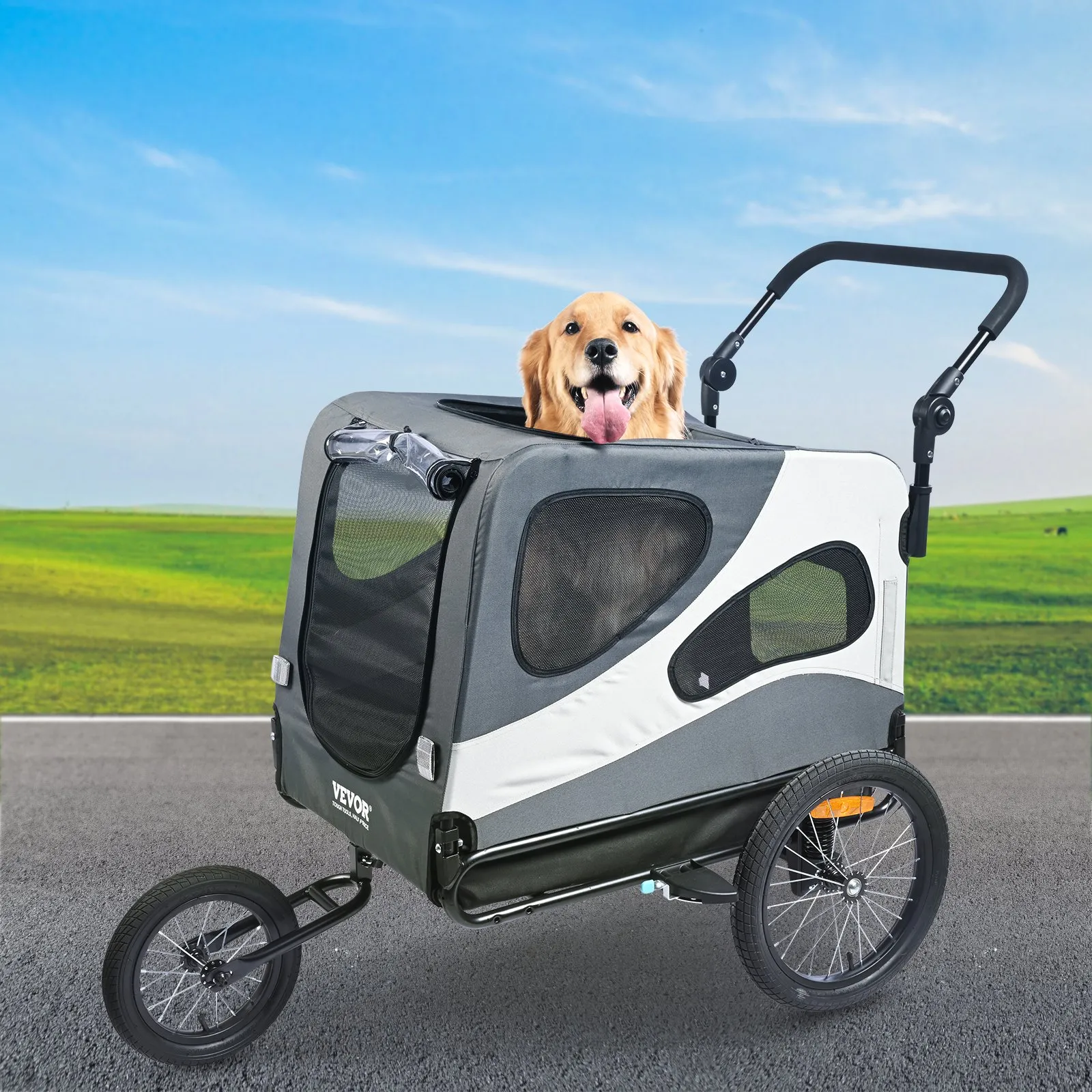 (FINAL PRICES ARE LOWER ON OUR SITE!) VEVOR Dog Bike Trailer, Supports up to 100 lbs, 2-in-1 Pet Stroller Cart Bicycle Carrier, Easy Folding Cart Frame with Quick Release Wheels, Universal Bicycle Coupler, Reflectors, Flag, Black/Gray