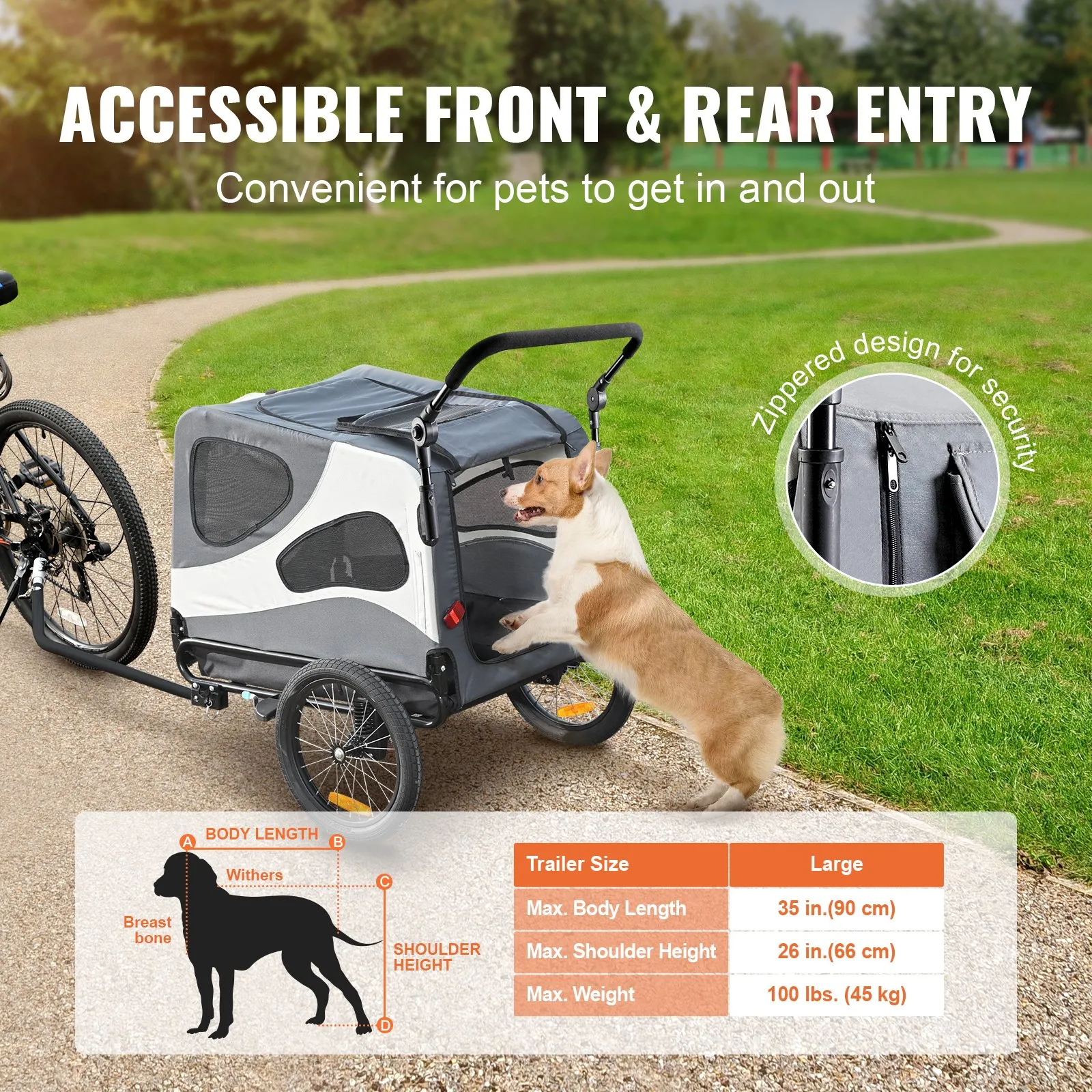 (FINAL PRICES ARE LOWER ON OUR SITE!) VEVOR Dog Bike Trailer, Supports up to 100 lbs, 2-in-1 Pet Stroller Cart Bicycle Carrier, Easy Folding Cart Frame with Quick Release Wheels, Universal Bicycle Coupler, Reflectors, Flag, Black/Gray
