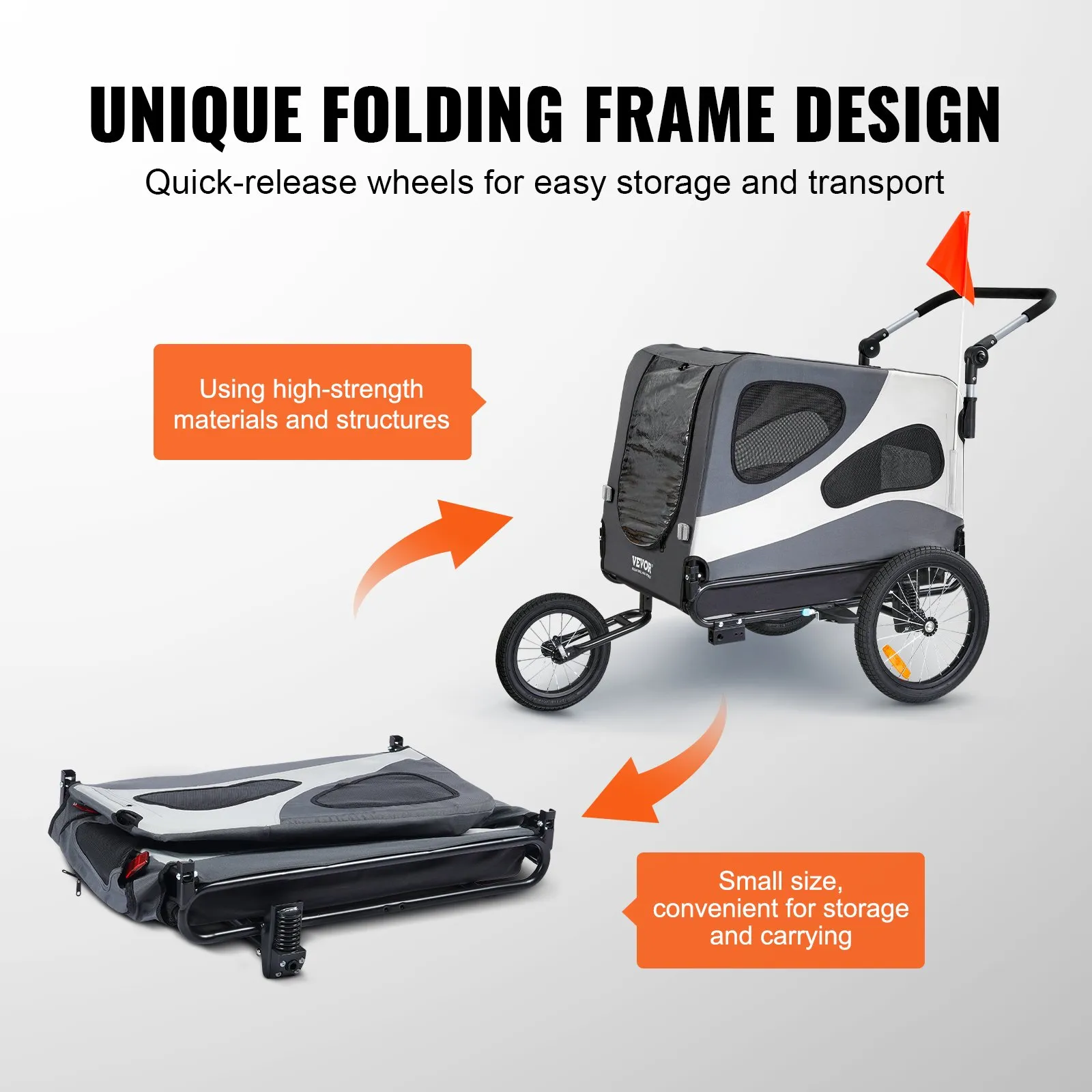 (FINAL PRICES ARE LOWER ON OUR SITE!) VEVOR Dog Bike Trailer, Supports up to 100 lbs, 2-in-1 Pet Stroller Cart Bicycle Carrier, Easy Folding Cart Frame with Quick Release Wheels, Universal Bicycle Coupler, Reflectors, Flag, Black/Gray