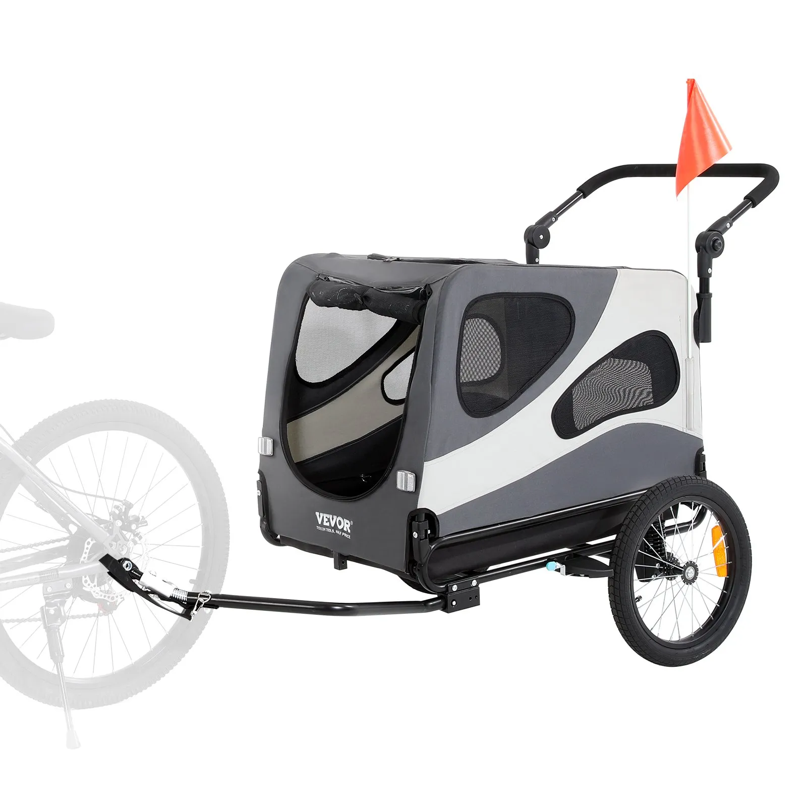 (FINAL PRICES ARE LOWER ON OUR SITE!) VEVOR Dog Bike Trailer, Supports up to 100 lbs, 2-in-1 Pet Stroller Cart Bicycle Carrier, Easy Folding Cart Frame with Quick Release Wheels, Universal Bicycle Coupler, Reflectors, Flag, Black/Gray