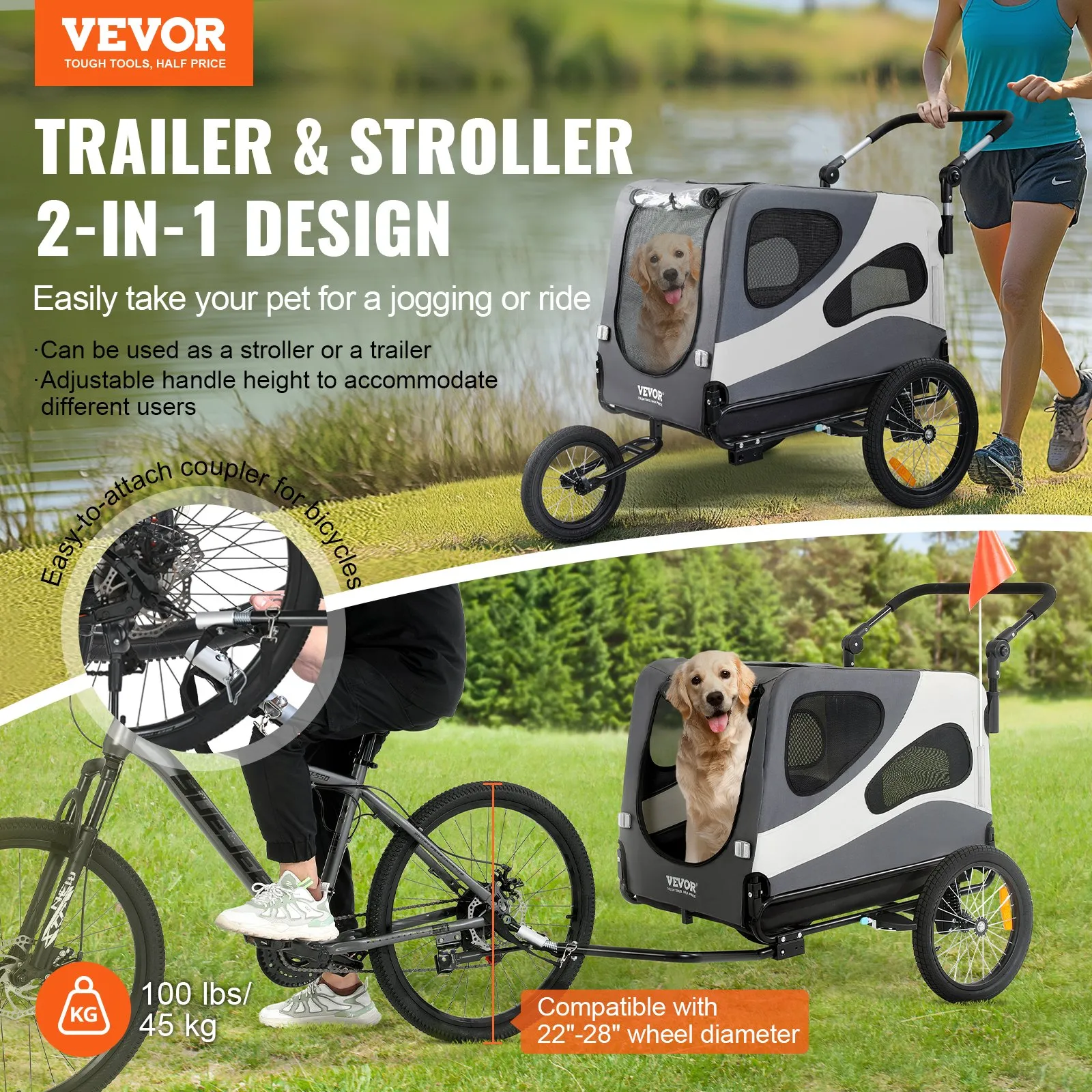 (FINAL PRICES ARE LOWER ON OUR SITE!) VEVOR Dog Bike Trailer, Supports up to 100 lbs, 2-in-1 Pet Stroller Cart Bicycle Carrier, Easy Folding Cart Frame with Quick Release Wheels, Universal Bicycle Coupler, Reflectors, Flag, Black/Gray