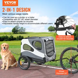 (FINAL PRICES ARE LOWER ON OUR SITE!) VEVOR Dog Bike Trailer, Supports up to 100 lbs, 2-in-1 Pet Stroller Cart Bicycle Carrier, Easy Folding Cart Frame with Quick Release Wheels, Universal Bicycle Coupler, Reflectors, Flag, Black/Gray