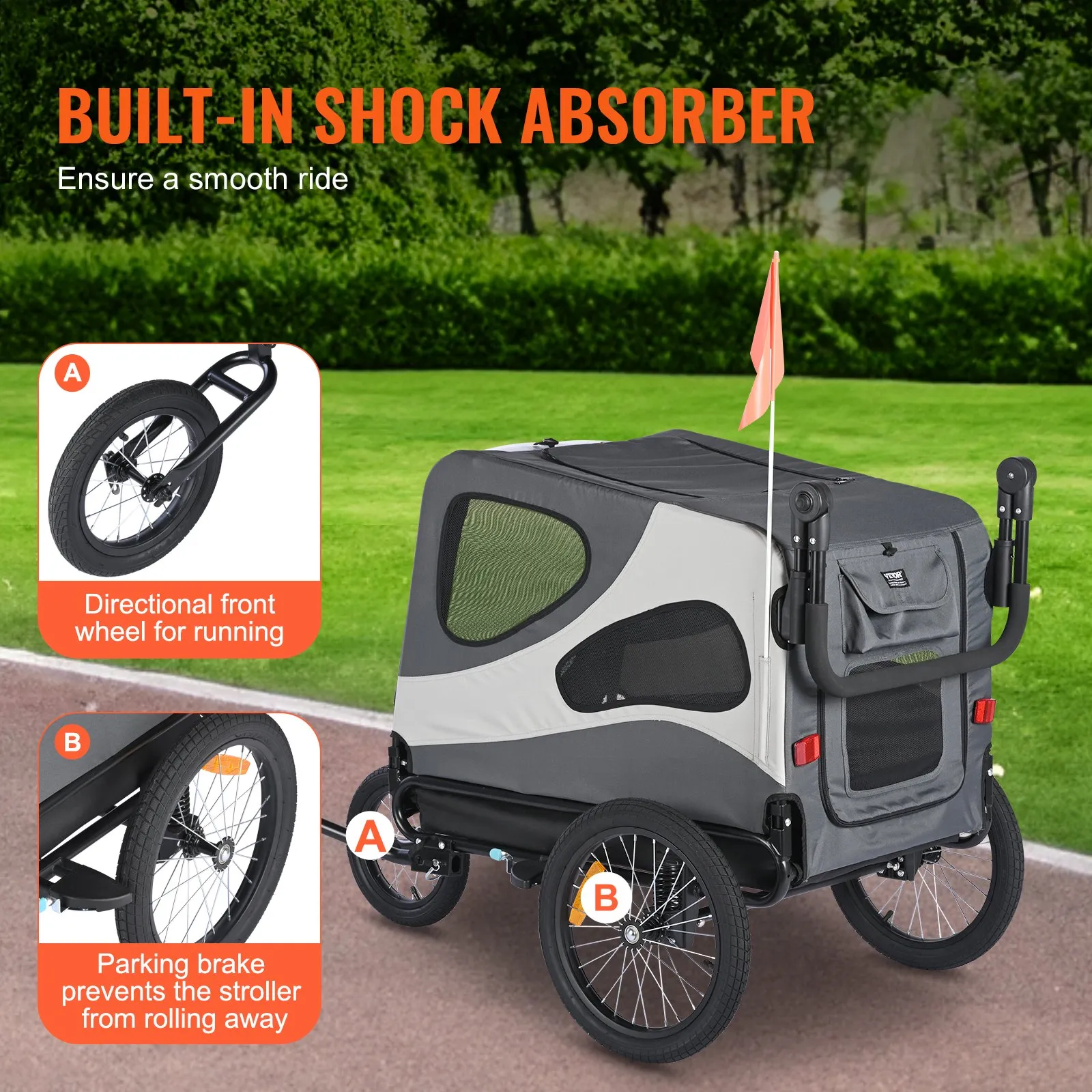 (FINAL PRICES ARE LOWER ON OUR SITE!) VEVOR Dog Bike Trailer, Supports up to 100 lbs, 2-in-1 Pet Stroller Cart Bicycle Carrier, Easy Folding Cart Frame with Quick Release Wheels, Universal Bicycle Coupler, Reflectors, Flag, Black/Gray