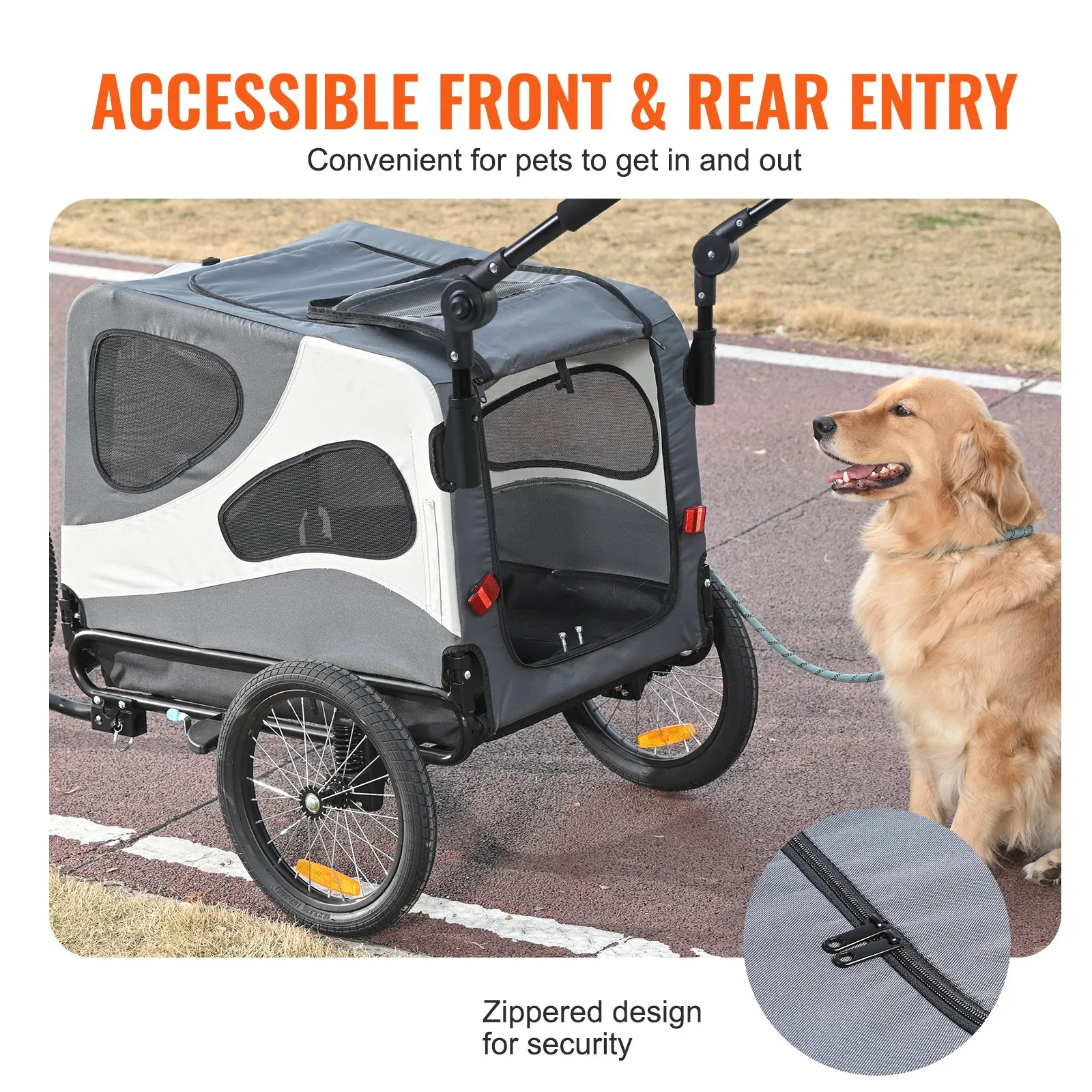 (FINAL PRICES ARE LOWER ON OUR SITE!) VEVOR Dog Bike Trailer, Supports up to 100 lbs, 2-in-1 Pet Stroller Cart Bicycle Carrier, Easy Folding Cart Frame with Quick Release Wheels, Universal Bicycle Coupler, Reflectors, Flag, Black/Gray