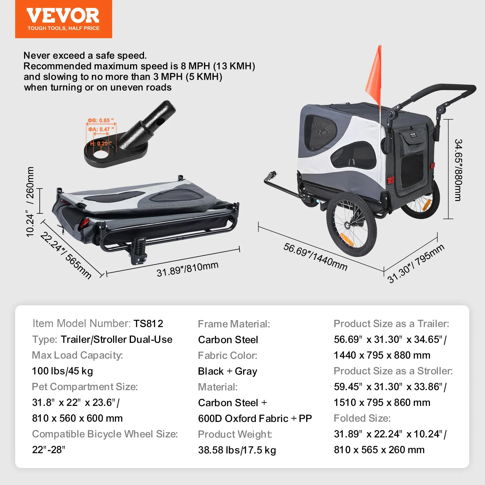 (FINAL PRICES ARE LOWER ON OUR SITE!) VEVOR Dog Bike Trailer, Supports up to 100 lbs, 2-in-1 Pet Stroller Cart Bicycle Carrier, Easy Folding Cart Frame with Quick Release Wheels, Universal Bicycle Coupler, Reflectors, Flag, Black/Gray