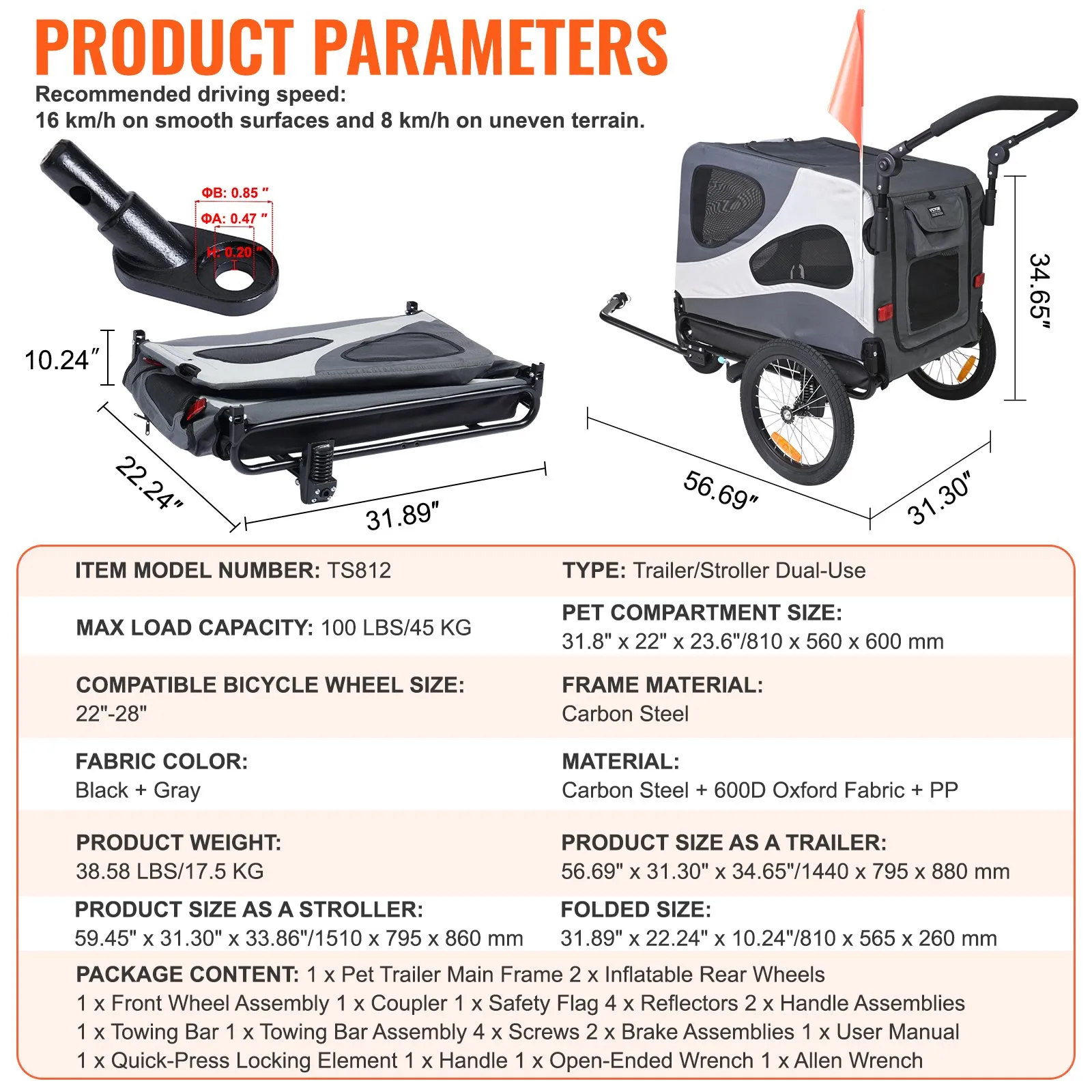 (FINAL PRICES ARE LOWER ON OUR SITE!) VEVOR Dog Bike Trailer, Supports up to 100 lbs, 2-in-1 Pet Stroller Cart Bicycle Carrier, Easy Folding Cart Frame with Quick Release Wheels, Universal Bicycle Coupler, Reflectors, Flag, Black/Gray