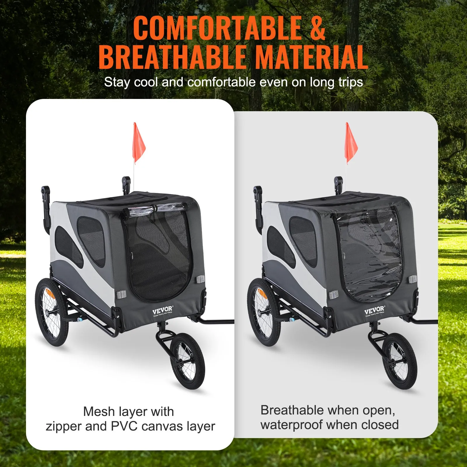 (FINAL PRICES ARE LOWER ON OUR SITE!) VEVOR Dog Bike Trailer, Supports up to 100 lbs, 2-in-1 Pet Stroller Cart Bicycle Carrier, Easy Folding Cart Frame with Quick Release Wheels, Universal Bicycle Coupler, Reflectors, Flag, Black/Gray