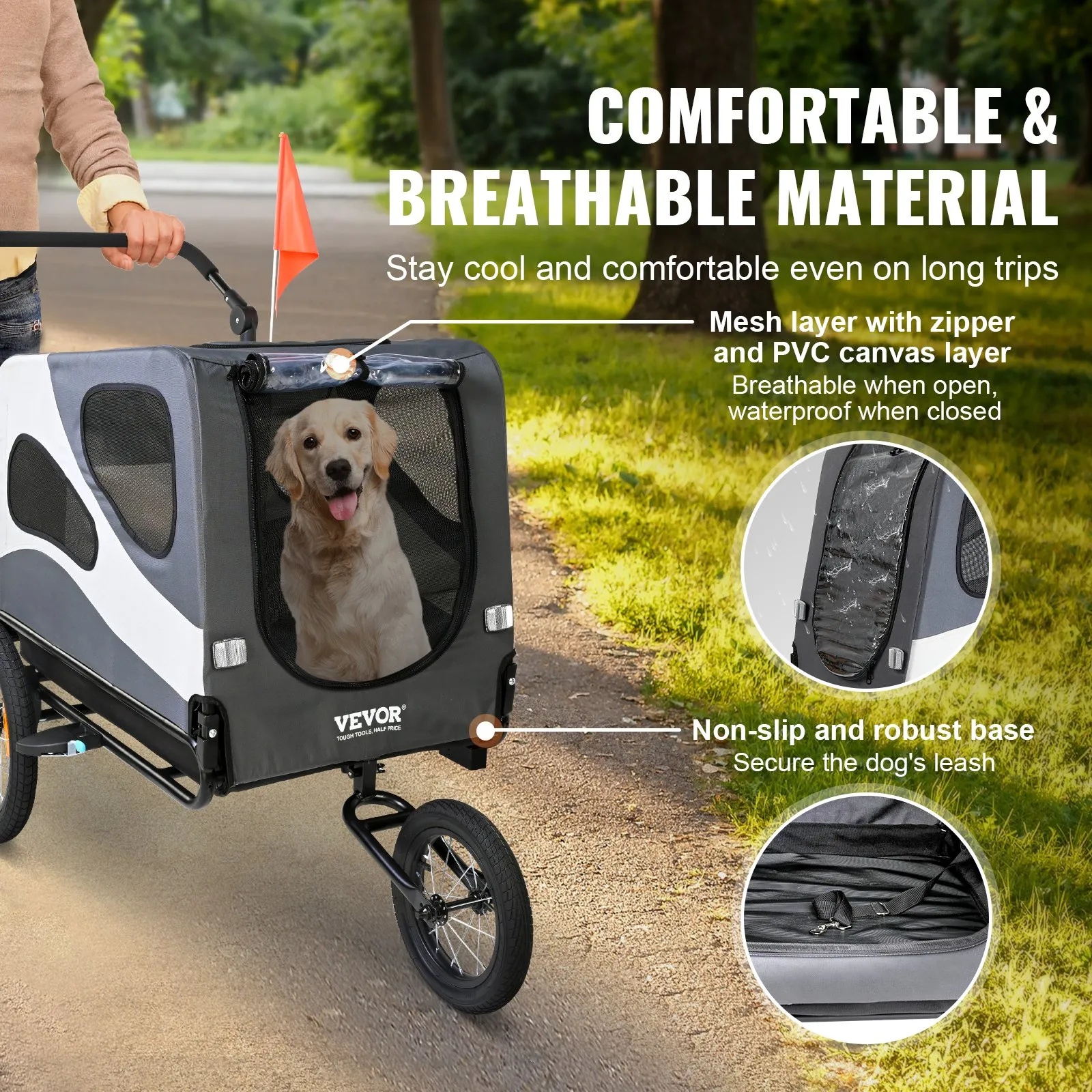 (FINAL PRICES ARE LOWER ON OUR SITE!) VEVOR Dog Bike Trailer, Supports up to 100 lbs, 2-in-1 Pet Stroller Cart Bicycle Carrier, Easy Folding Cart Frame with Quick Release Wheels, Universal Bicycle Coupler, Reflectors, Flag, Black/Gray