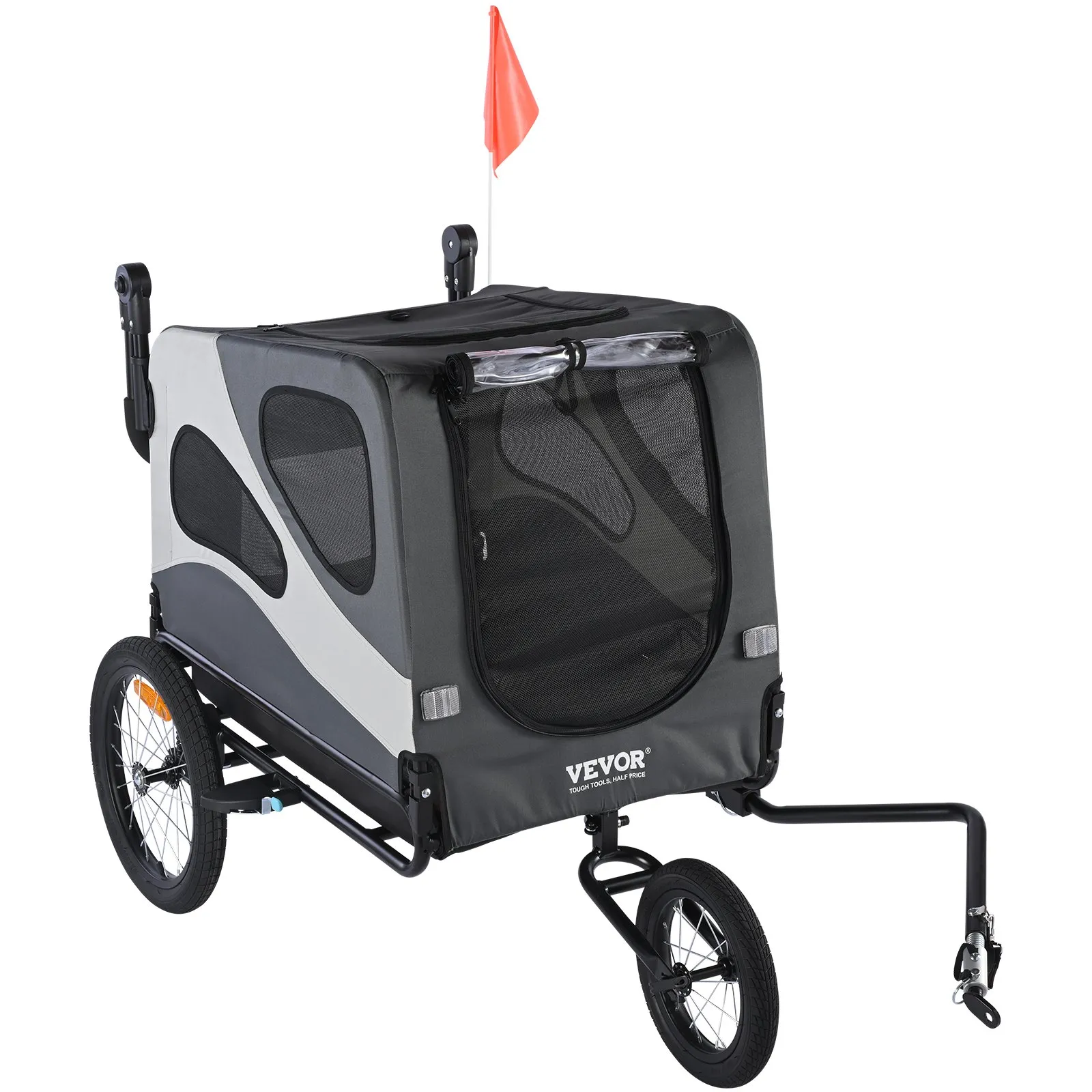 (FINAL PRICES ARE LOWER ON OUR SITE!) VEVOR Dog Bike Trailer, Supports up to 100 lbs, 2-in-1 Pet Stroller Cart Bicycle Carrier, Easy Folding Cart Frame with Quick Release Wheels, Universal Bicycle Coupler, Reflectors, Flag, Black/Gray