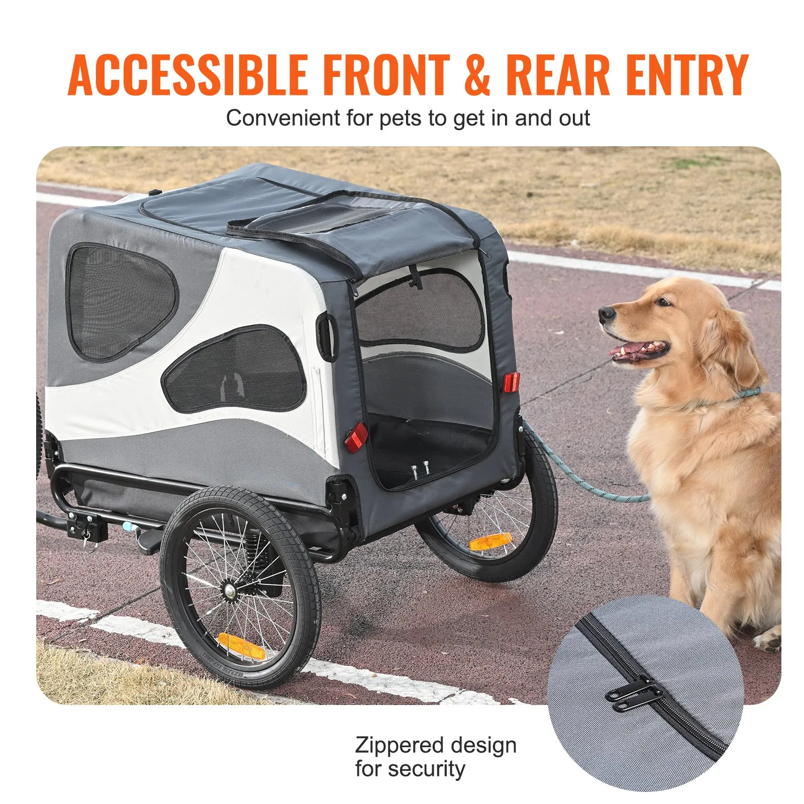 (FINAL PRICES ARE LOWER ON OUR SITE!) VEVOR Dog Bike Trailer, Supports up to 100 lbs, 2-in-1 Pet Stroller Cart Bicycle Carrier, Easy Folding Cart Frame with Quick Release Wheels, Universal Bicycle Coupler, Reflectors, Flag, Black/Gray