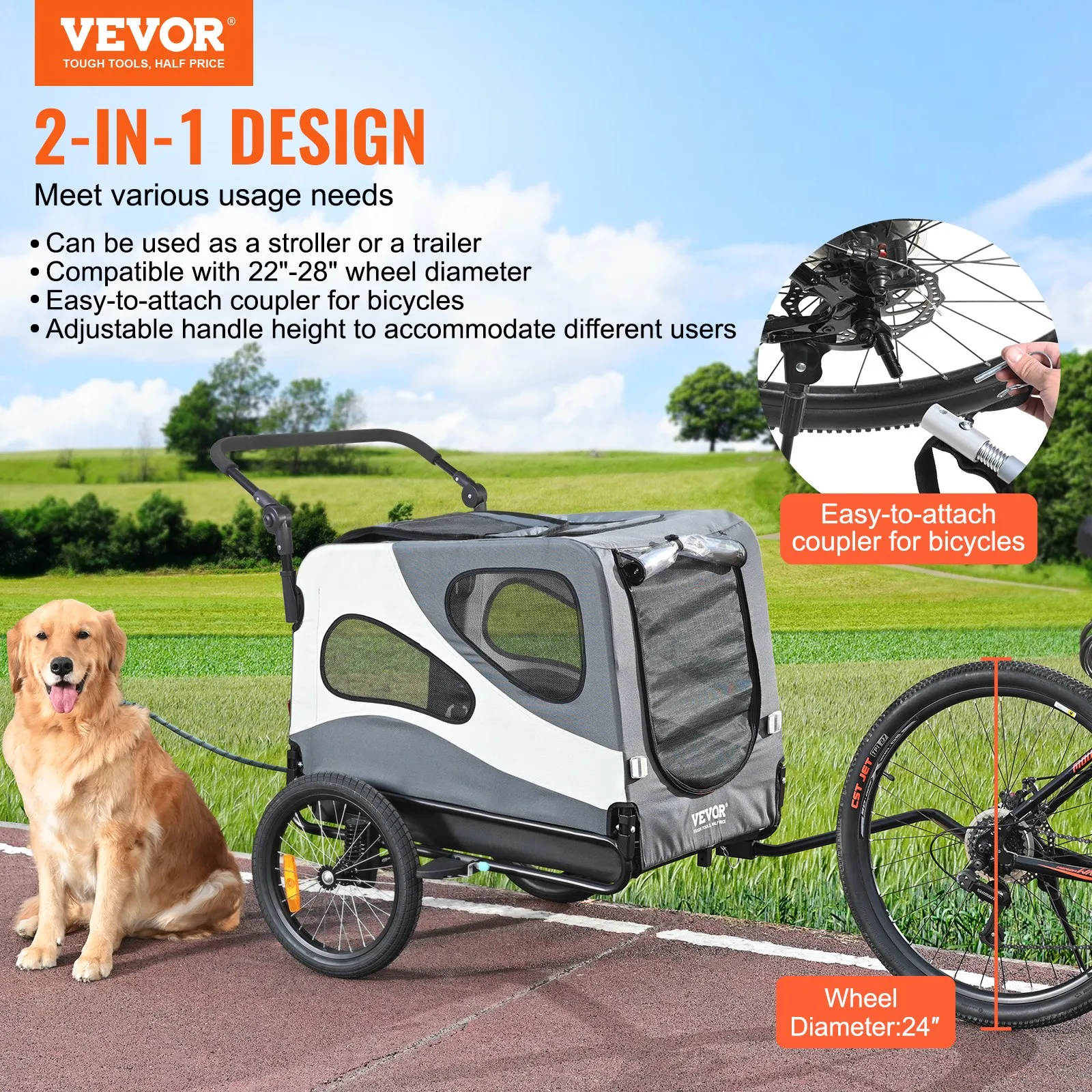 (FINAL PRICES ARE LOWER ON OUR SITE!) VEVOR Dog Bike Trailer, Supports up to 100 lbs, 2-in-1 Pet Stroller Cart Bicycle Carrier, Easy Folding Cart Frame with Quick Release Wheels, Universal Bicycle Coupler, Reflectors, Flag, Black/Gray
