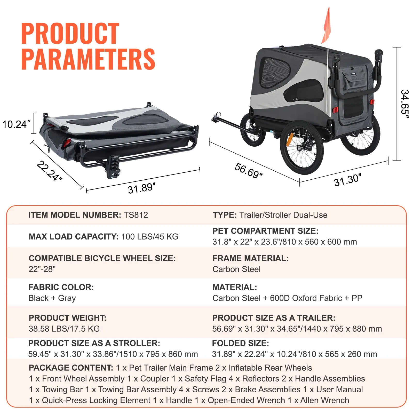 (FINAL PRICES ARE LOWER ON OUR SITE!) VEVOR Dog Bike Trailer, Supports up to 100 lbs, 2-in-1 Pet Stroller Cart Bicycle Carrier, Easy Folding Cart Frame with Quick Release Wheels, Universal Bicycle Coupler, Reflectors, Flag, Black/Gray