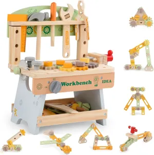 Fistone Wooden Tool Workbench Set for Kids, Educational Construction Toy with Realistic Tools and Accessories, Durable Wooden Workbench for Pretend Play and DIY Learning, Great Gift for Toddlers 3 