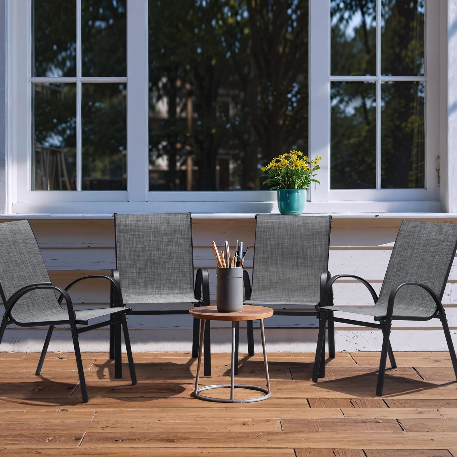 Flamaker Patio Chairs Stackable Dining Chairs Set of 4 Metal and Teslin Outdoor Chairs for Lawn Deck Balcony Porch (Grey)