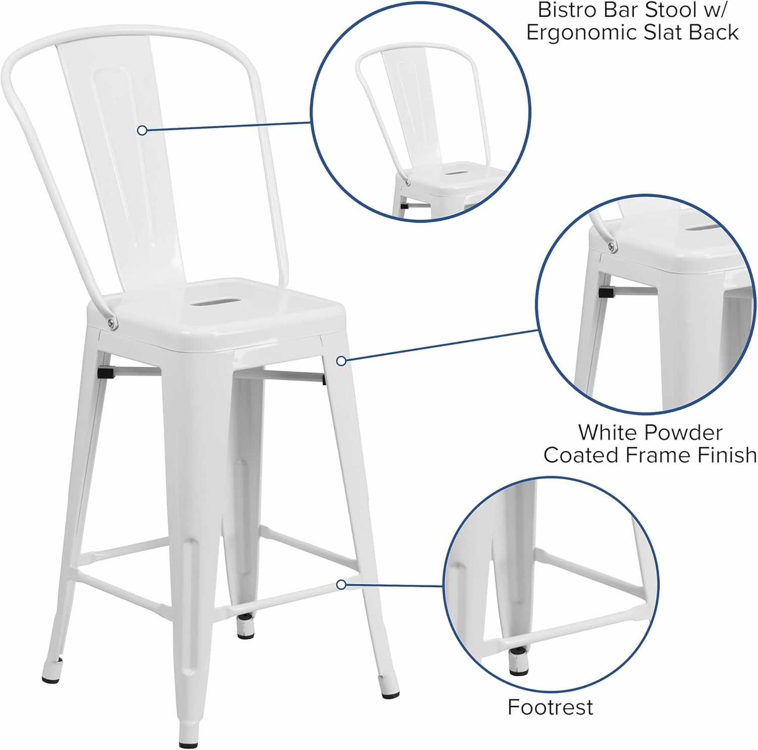Flash Furniture Lily Commercial Grade 4 Pack 24" High White Metal Indoor-Outdoor Counter Height Stool with Removable Back