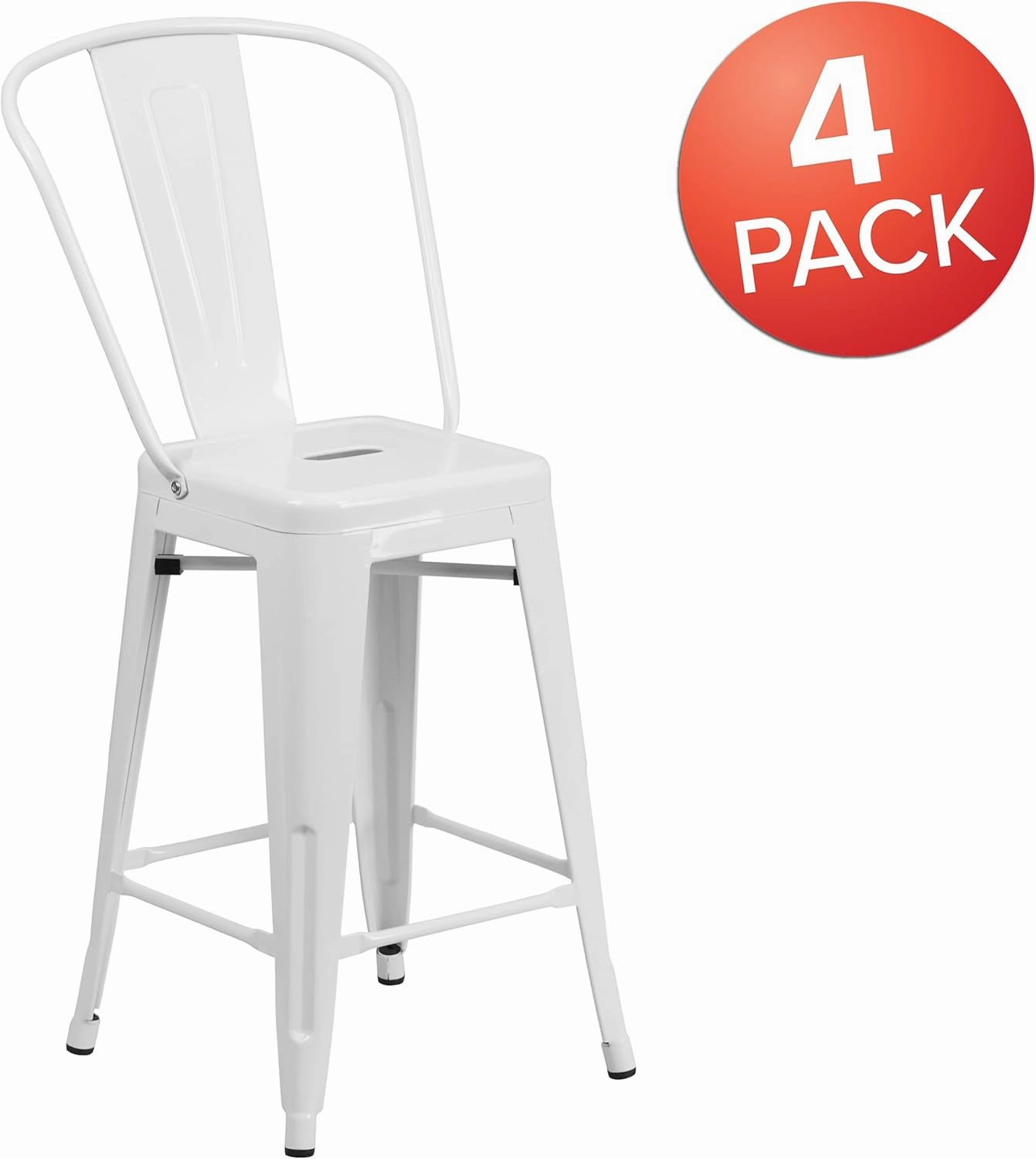Flash Furniture Lily Commercial Grade 4 Pack 24" High White Metal Indoor-Outdoor Counter Height Stool with Removable Back