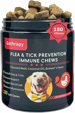 Flea & Tick Prevention Chewables for Dogs - 180 Soft Chews, Natural Vet Approved Oral Supplement for Puppy Adult Senior All Breed Sizes, Chicken Flavor