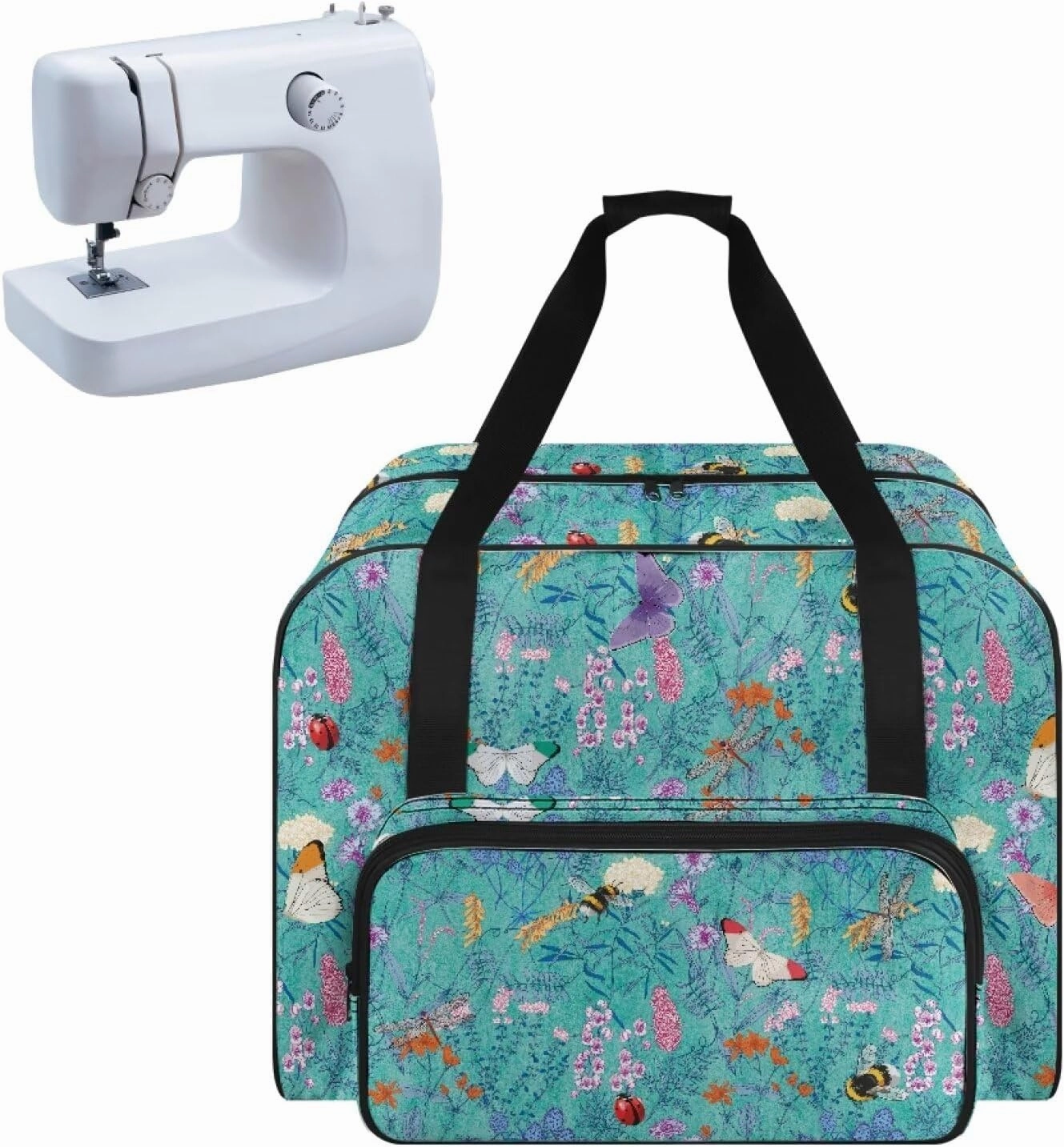 Floral Bee Sewing Machine Bag with Hand Strap, Sewing Machine Carrier Tote Cover Bag Compatible with Most Singer, Brother Sewing Machines and Extra Sewing Accessories