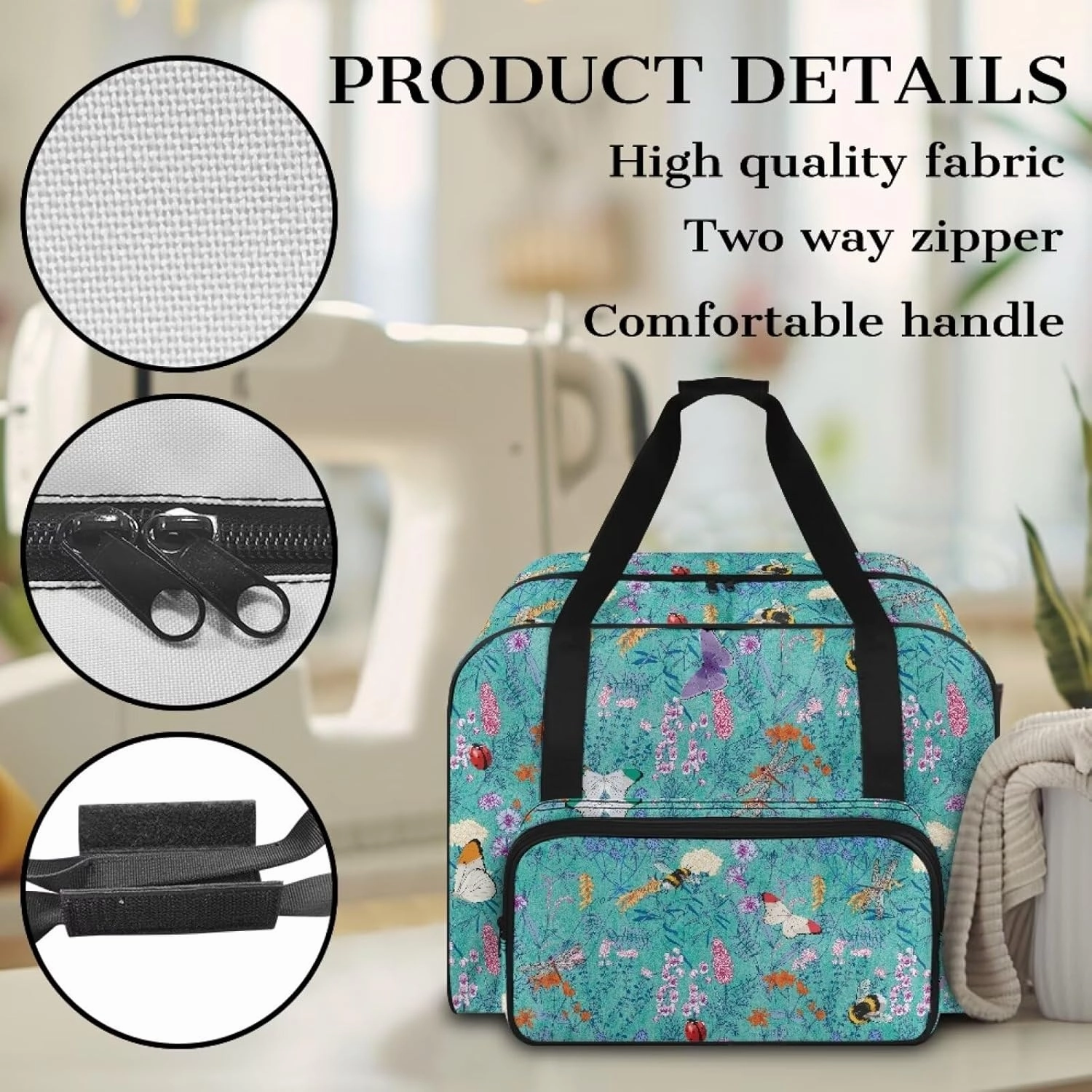 Floral Bee Sewing Machine Bag with Hand Strap, Sewing Machine Carrier Tote Cover Bag Compatible with Most Singer, Brother Sewing Machines and Extra Sewing Accessories
