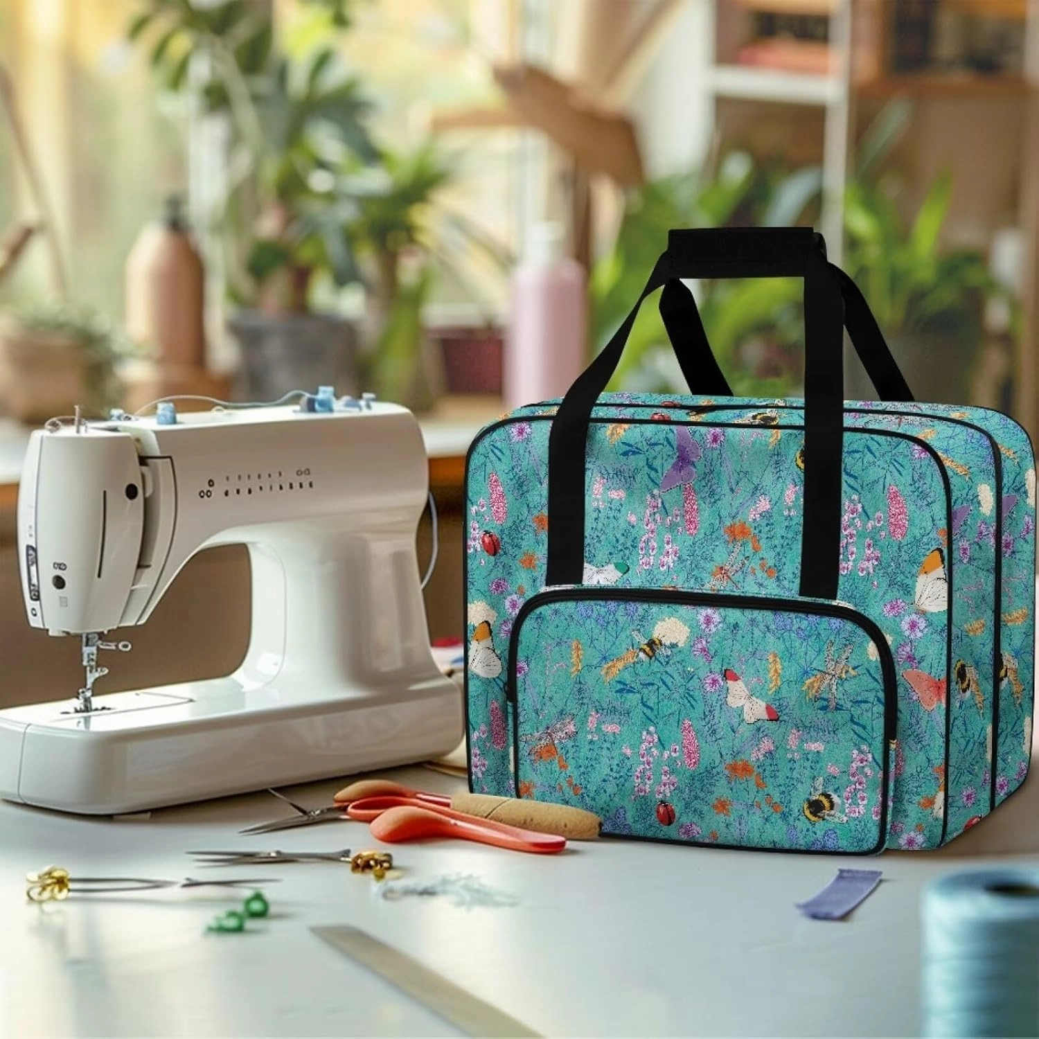 Floral Bee Sewing Machine Bag with Hand Strap, Sewing Machine Carrier Tote Cover Bag Compatible with Most Singer, Brother Sewing Machines and Extra Sewing Accessories
