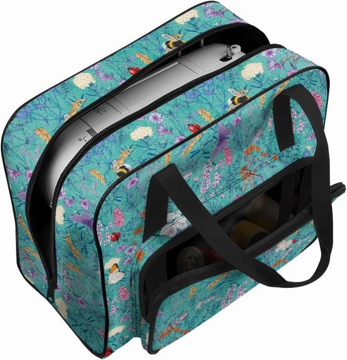 Floral Bee Sewing Machine Bag with Hand Strap, Sewing Machine Carrier Tote Cover Bag Compatible with Most Singer, Brother Sewing Machines and Extra Sewing Accessories