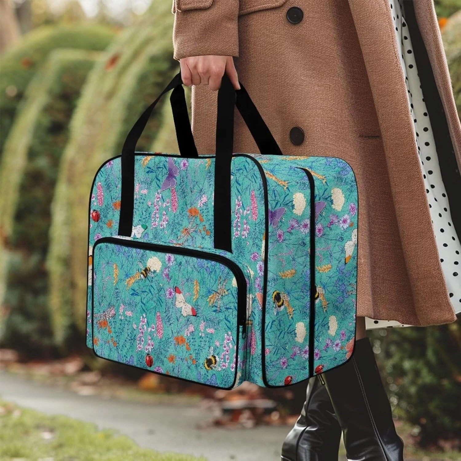 Floral Bee Sewing Machine Bag with Hand Strap, Sewing Machine Carrier Tote Cover Bag Compatible with Most Singer, Brother Sewing Machines and Extra Sewing Accessories