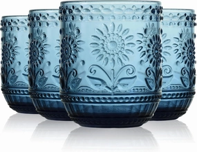 Floral Embossed Water Glasses 12 Oz, Vintage Drinking Glasses Set of 4, Colored Glass Tumblers (Blue)