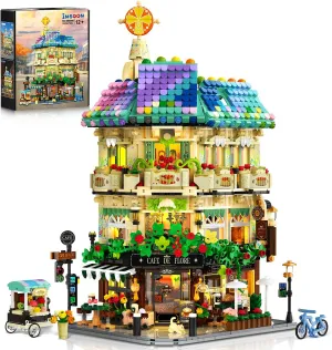 Flower Cafe House Building Set with Lights, 1876 PCS City Street Corner Shop Construction Model, Art Architecture Modular Building Block Kit Home Decor, Gift for Adults Teens Boys Girls 12 