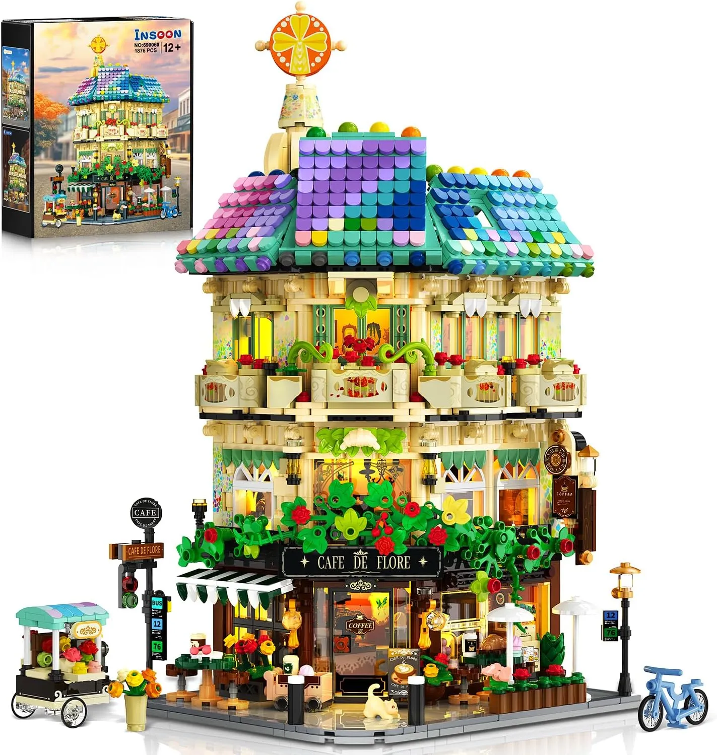 Flower Cafe House Building Set with Lights, 1876 PCS City Street Corner Shop Construction Model, Art Architecture Modular Building Block Kit Home Decor, Gift for Adults Teens Boys Girls 12 