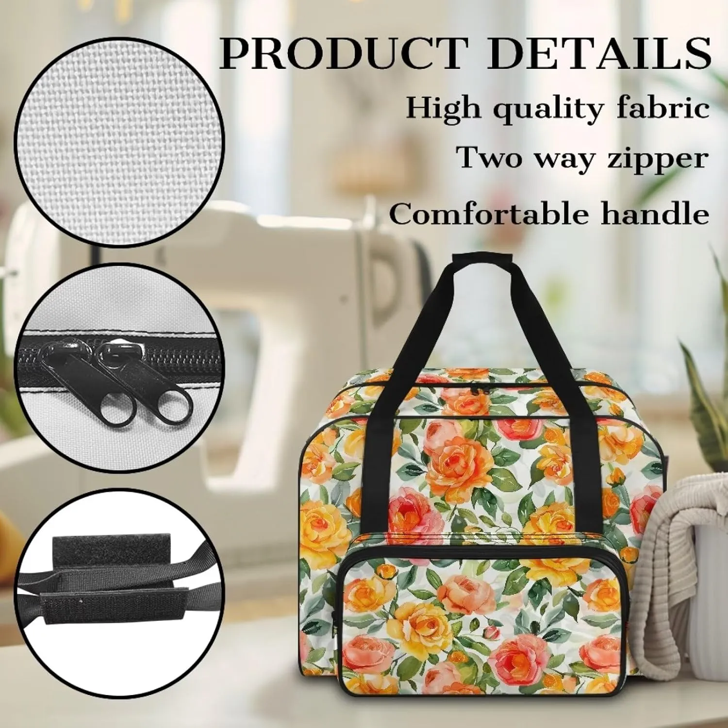 Flowers Sewing Machine Carrier Portable Cover Tote Bag for Sewing Machine, Handbag Sewing Accessories Tote Carrier for Notions & Crafts Sewing Box Storage Bag (Bag Only)