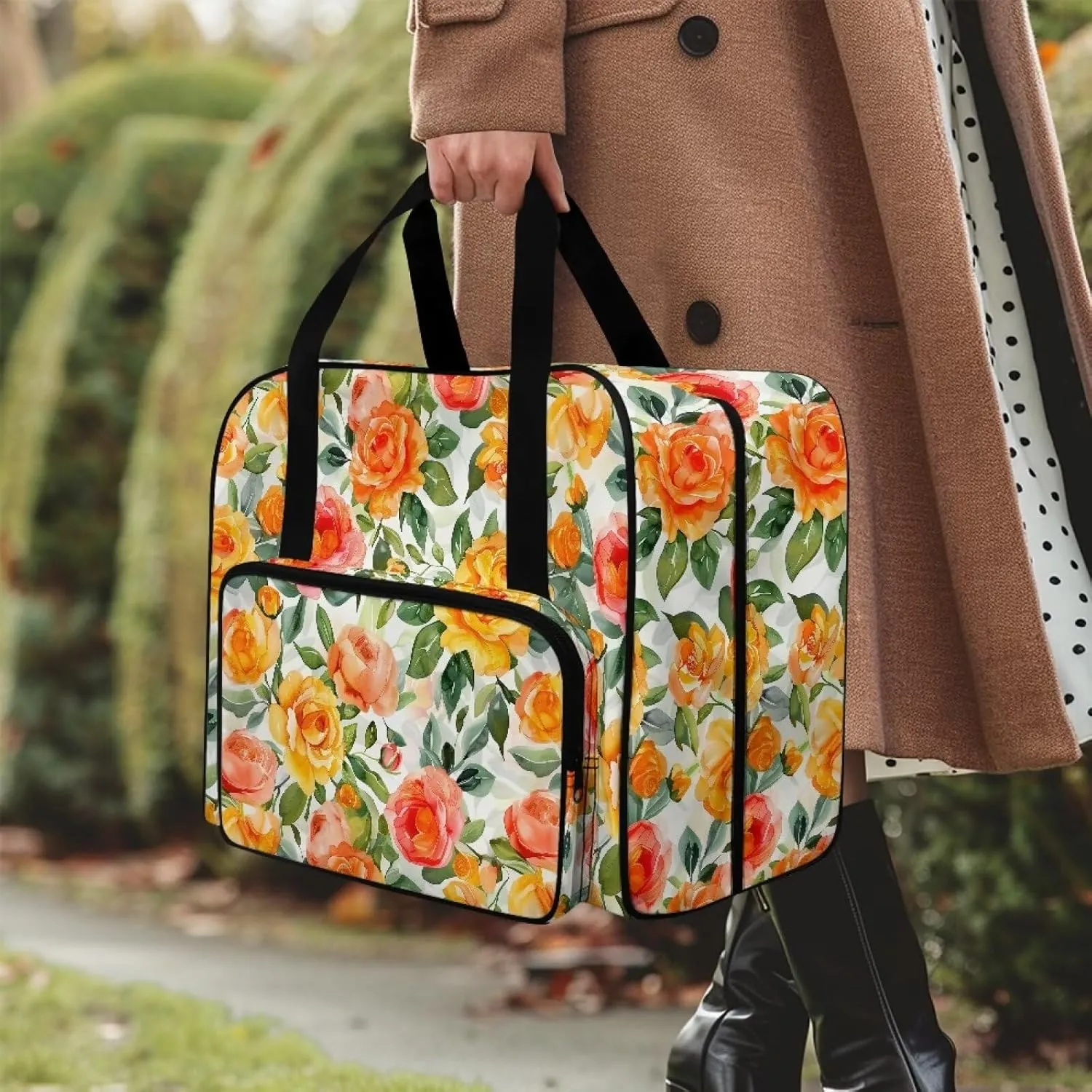 Flowers Sewing Machine Carrier Portable Cover Tote Bag for Sewing Machine, Handbag Sewing Accessories Tote Carrier for Notions & Crafts Sewing Box Storage Bag (Bag Only)