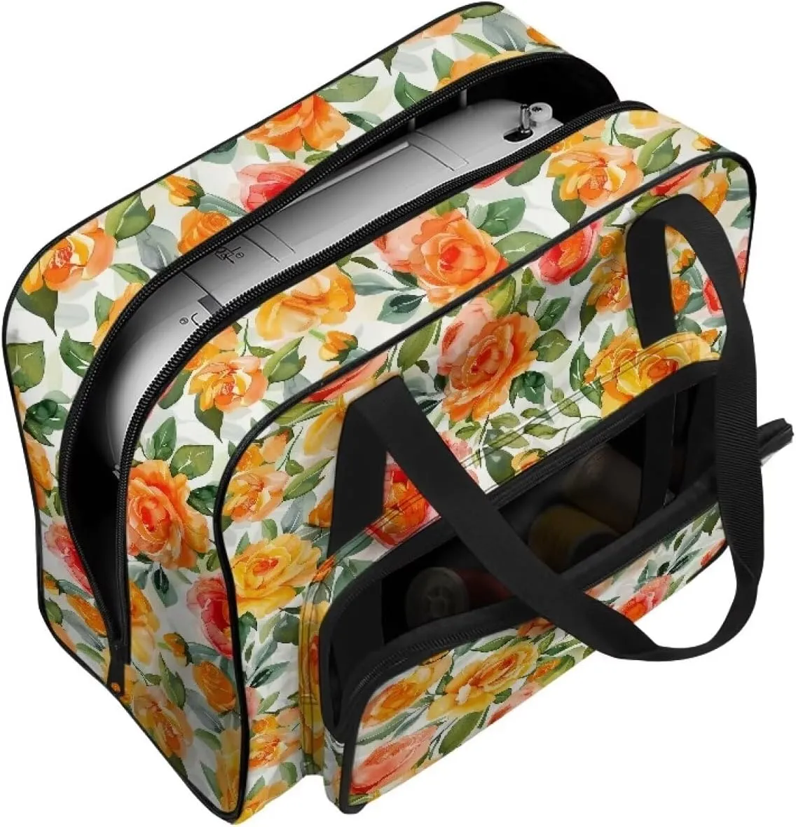 Flowers Sewing Machine Carrier Portable Cover Tote Bag for Sewing Machine, Handbag Sewing Accessories Tote Carrier for Notions & Crafts Sewing Box Storage Bag (Bag Only)