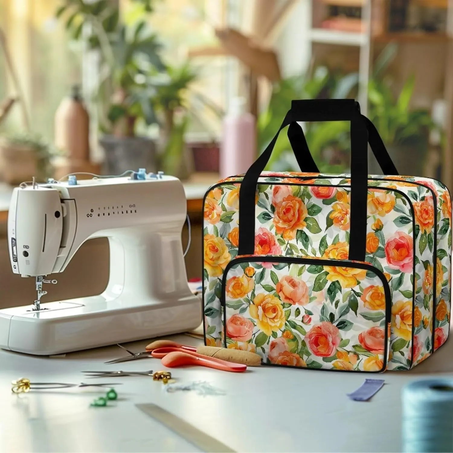 Flowers Sewing Machine Carrier Portable Cover Tote Bag for Sewing Machine, Handbag Sewing Accessories Tote Carrier for Notions & Crafts Sewing Box Storage Bag (Bag Only)