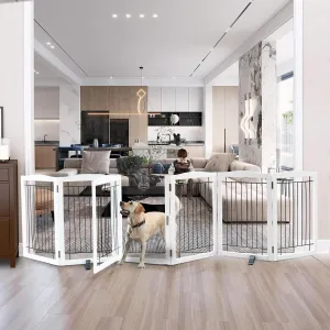 Foldable Freestanding Dog gate with Door Indoor, Wooden White Pet Gate for Doorway, Stairs, House, or Room, Dog Fence with Support Feet Included, 32" Height, 6 Panels