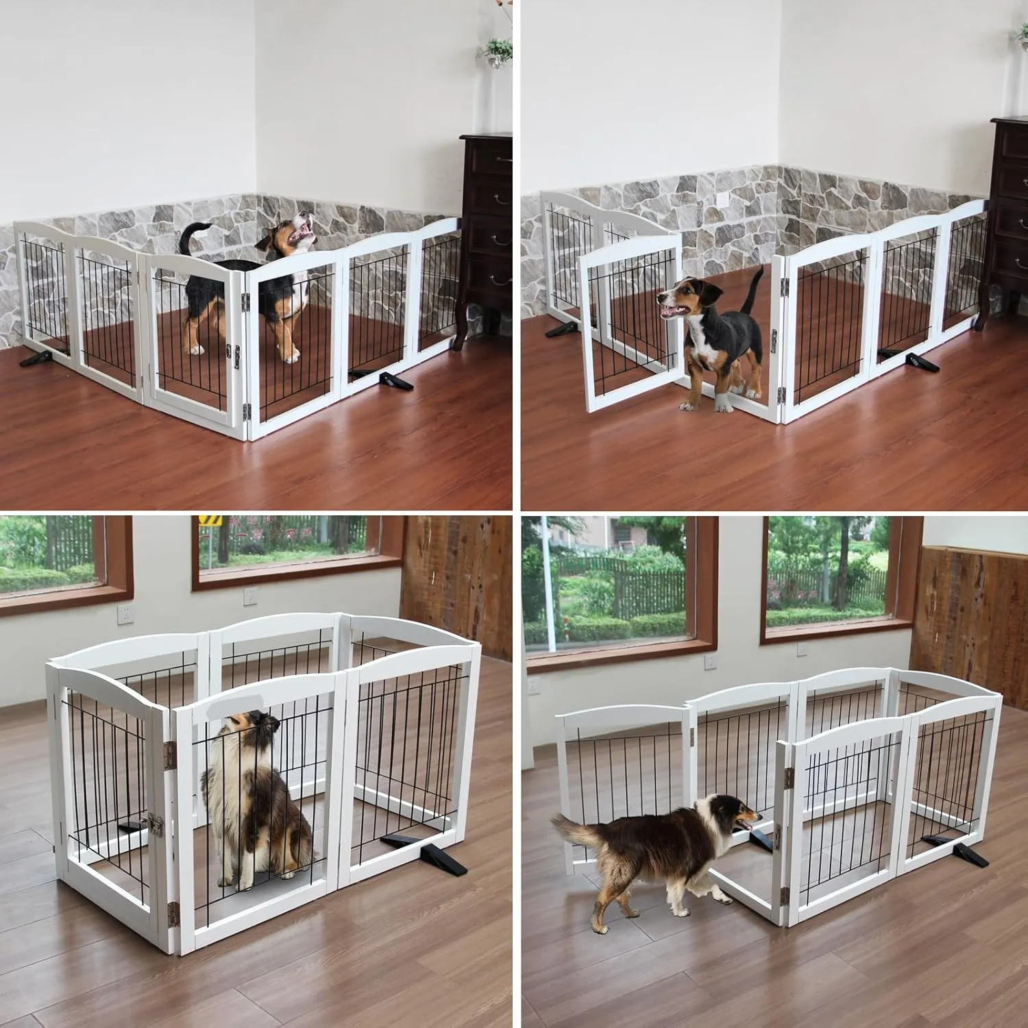 Foldable Freestanding Dog gate with Door Indoor, Wooden White Pet Gate for Doorway, Stairs, House, or Room, Dog Fence with Support Feet Included, 32" Height, 6 Panels
