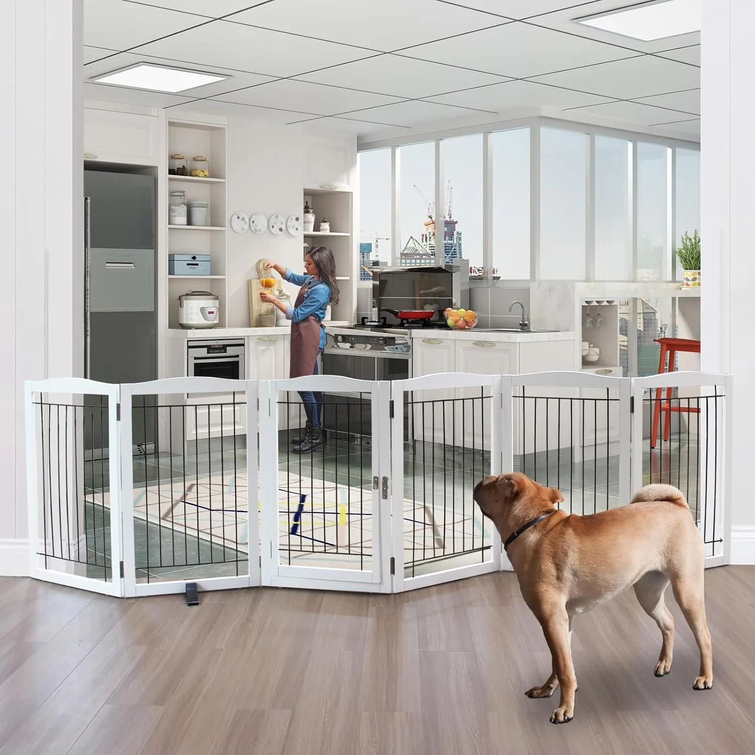 Foldable Freestanding Dog gate with Door Indoor, Wooden White Pet Gate for Doorway, Stairs, House, or Room, Dog Fence with Support Feet Included, 32" Height, 6 Panels