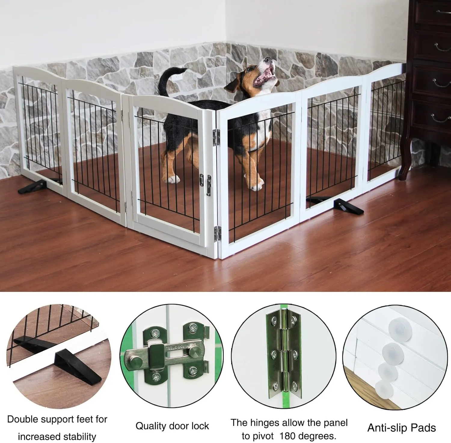 Foldable Freestanding Dog gate with Door Indoor, Wooden White Pet Gate for Doorway, Stairs, House, or Room, Dog Fence with Support Feet Included, 32" Height, 6 Panels